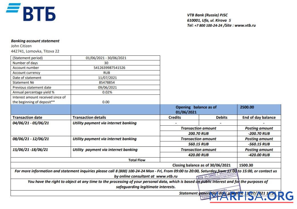 Downloadable Russia VTB bank proof of address statement word download for verification
